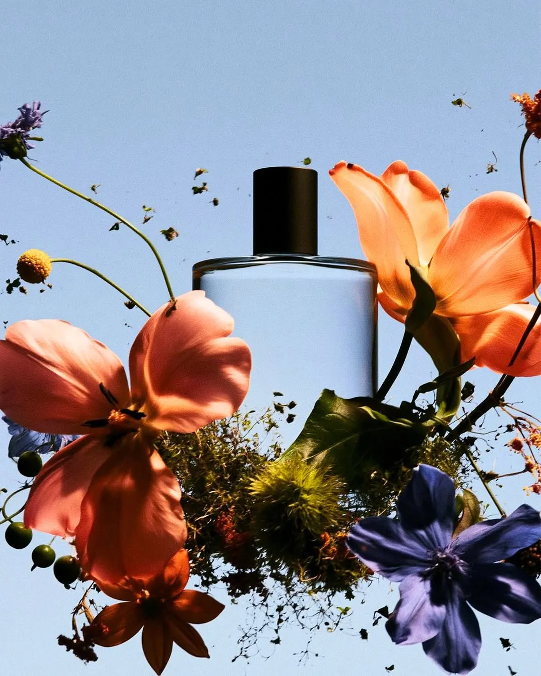 Perfume bottle beside a poppy and a hand holding a mossy stone